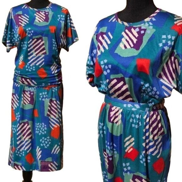 Vintage 1980s Missoni Matching Skirt & Top Blue Abstract Print Size Small